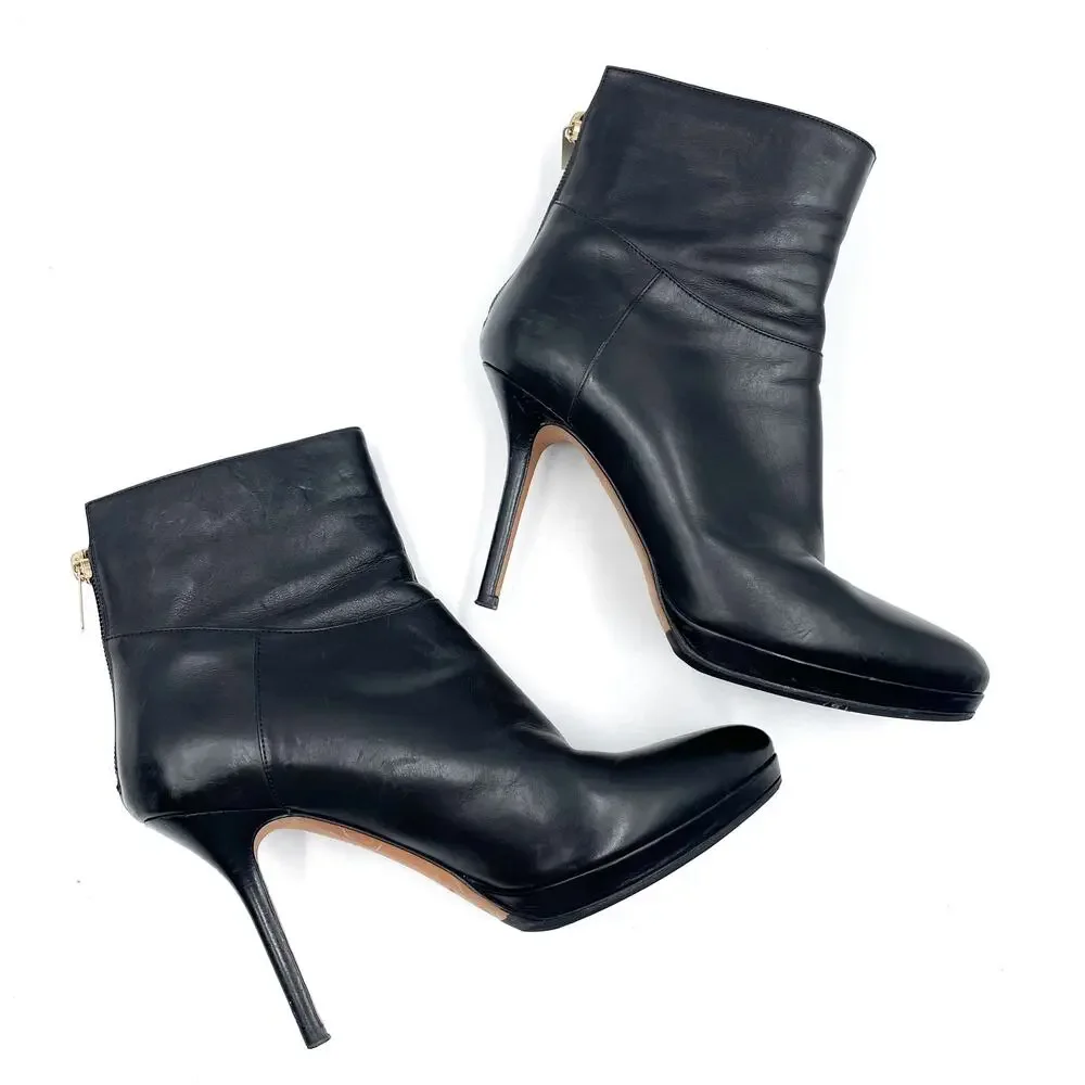 Jimmy Choo Ankle Booties Black‎ Leather Stiletto Heels Boots Sz 37.5 / 7.5